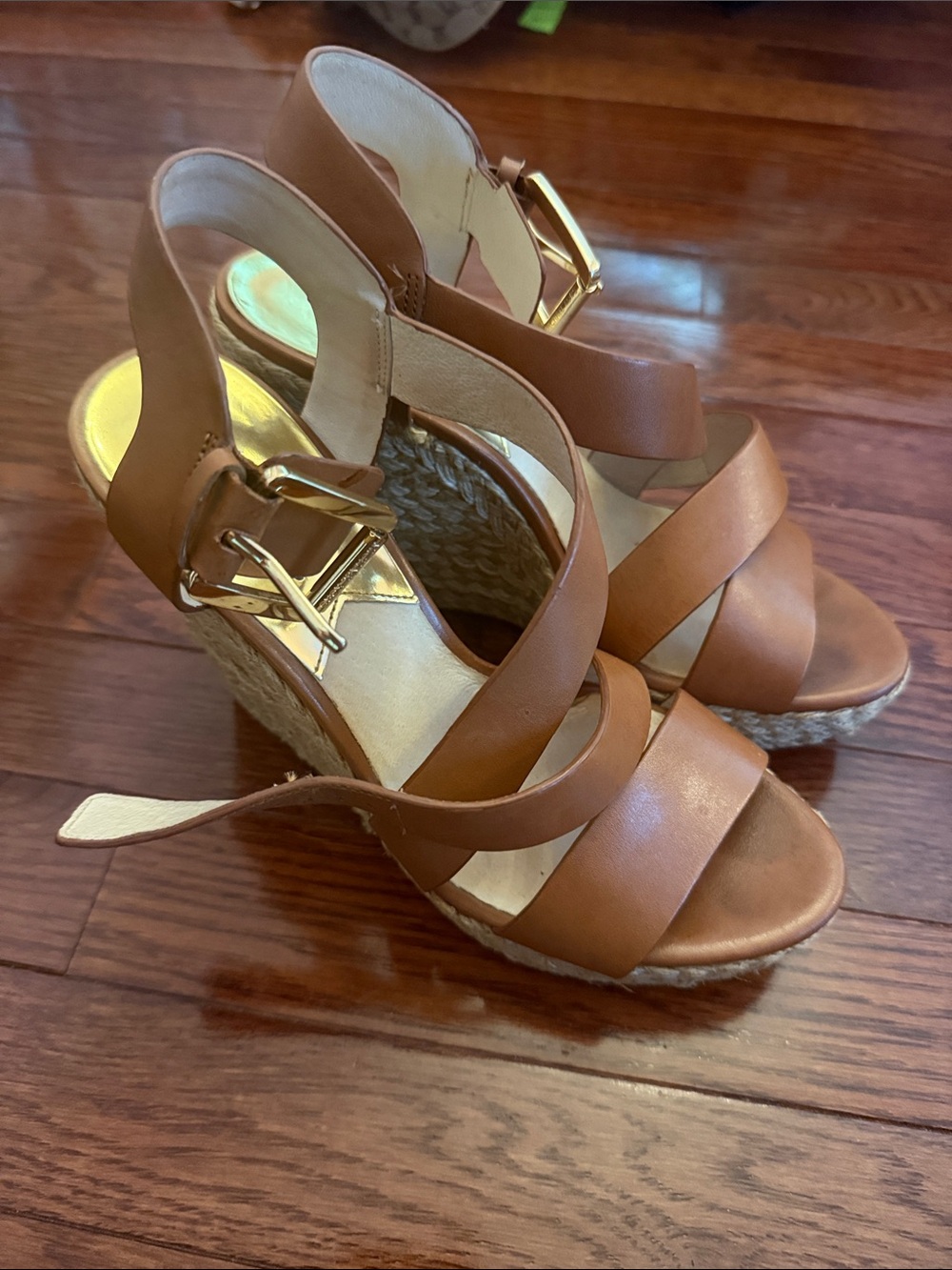 Michael Kors Brown Leather Espadrille Wedge Sandals with Gold Buckle